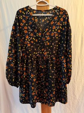 Black Floral Button-Front Babydoll Dress